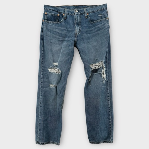Levis 502 Jeans Mens 34x29 Blue Denim Stretch Taper Slim Fit Light Wash - Picture 1 of 8